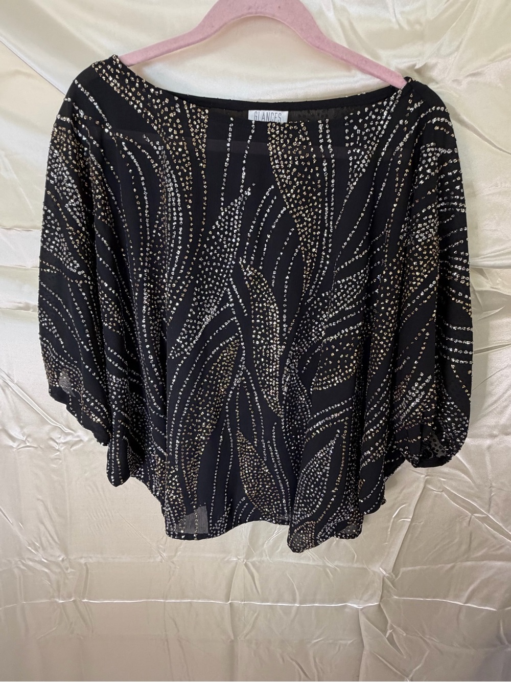 Vintage Glances Los Angeles Black Metallic Glitter Dolman Batwing Party Blouse